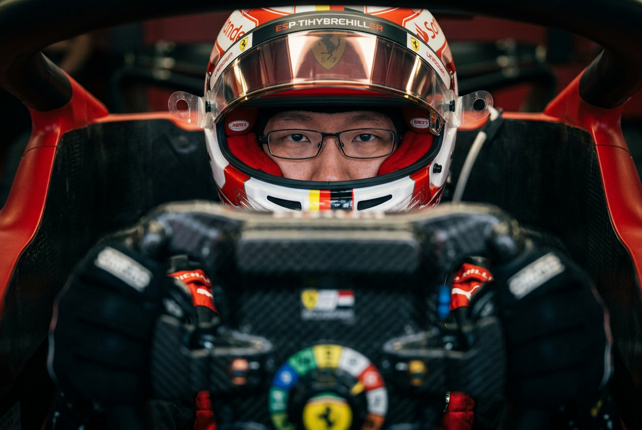 Cyrus Li in a Ferrari-liveried helmet